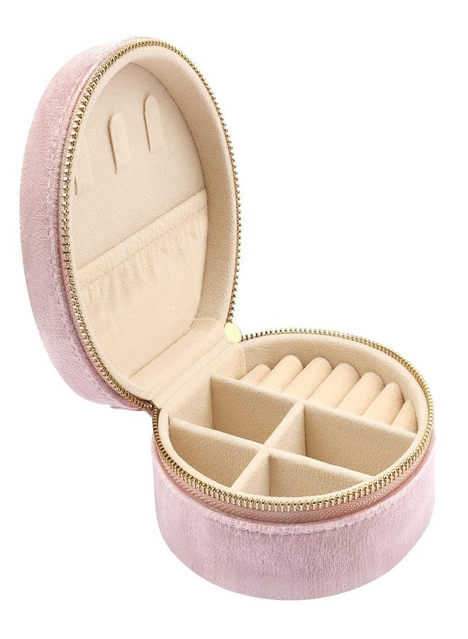 DesignSter Travel Jewelry Box - Velvet Mini Jewelry Organizer, Small Jewelry Case for Girls Women, Jewelry Storage Box for Rings Earrings Necklace (Circular, Lotus Pink) - Image 1